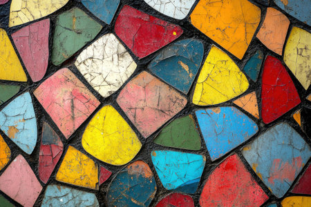Colorful abstract mosaic background with vibrant shapes in yellow, red, blue, green, and white for artistic and creative projectsの素材