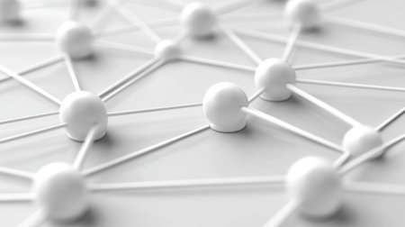 Abstract network of white spheres connected by lines representing technology, communication, and connection in a minimalist styleの素材