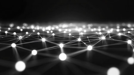 Abstract monochrome network connections, featuring bright dots and lines over a dark background, representing technology and innovation in a digital worldの素材