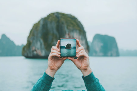 A person holding a smartphone displaying a scenic view of a rocky island in a calm sea, reflecting a serene travel experience and a connection with natureの素材