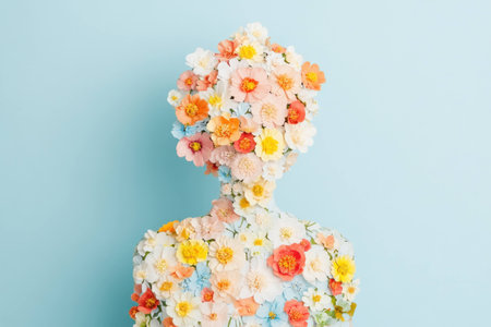 Human figure covered in vibrant flowers against a soft blue background, symbolizing growth, beauty, and nature, perfect for wellness and creativity conceptsの素材