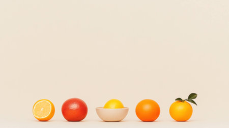A vibrant array of citrus fruits featuring oranges, lemons, and a bowl of yellow citrus, showcasing fresh, healthy produce against a beige backgroundの素材