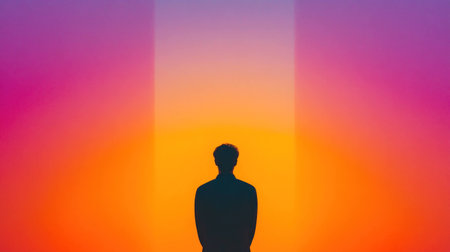 Silhouette of a person against a vibrant sunset, symbolizing contemplation and tranquility, featuring warm purple and orange huesの素材