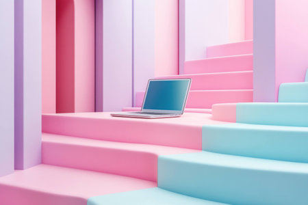 A stylish laptop on pastel pink and blue steps, symbolizing modern workspace design, creativity, and digital lifestyle in a vibrant settingの素材