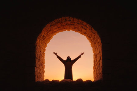 Silhouette of a person with arms raised in a stone arch at sunset, conveying freedom and spiritual connection with natureの素材
