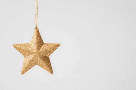 Golden star ornament hanging on a simple background for holiday decorations, capturing the essence of festive celebration with warmth and joyの素材