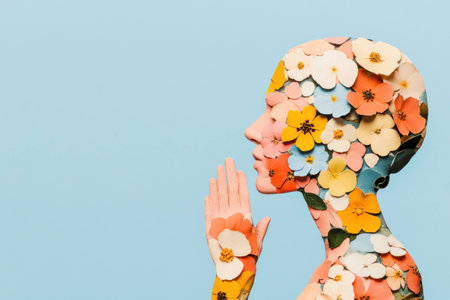 A stunning creative portrait of a model covered in colorful paper flowers, showcasing beauty and nature, on a soft blue background, evoking feelings of peace and serenityの素材