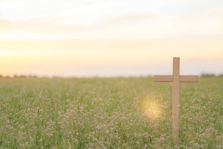 Wooden cross in a serene field during sunset, symbolizing peace and spirituality, surrounded by vibrant greenery and soft sunlightの素材