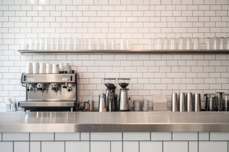 Modern coffee shop interior with espresso machine and glassware showcasing a minimalist style and clean design for coffee culture enthusiastsの素材