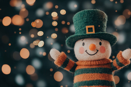 Cheerful snowman toy wearing a green hat and orange striped sweater, surrounded by golden coins and a festive bokeh background for holiday decorations and celebrationsの素材