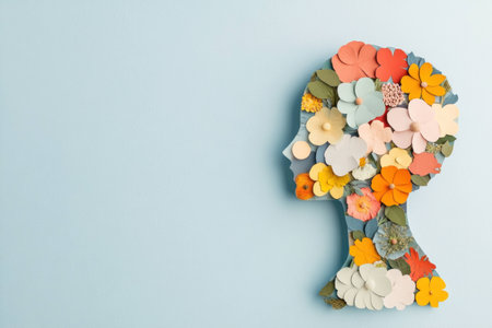 Creative floral silhouette made of colorful paper flowers representing hair, symbolizing femininity, nature, and beautyの素材