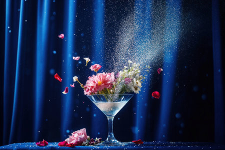 Stunning floral arrangement in a glass vase with vibrant petals and sparkling dust, showcasing elegance and beauty in a serene blue settingの素材