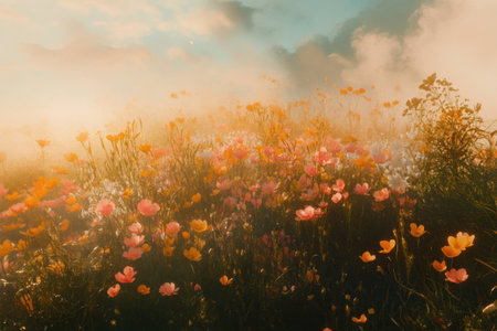 A vibrant field of blooming wildflowers, showcasing a diverse array of colors, textures, and seasonal beauty, perfect for conveying natural serenity and joyの素材