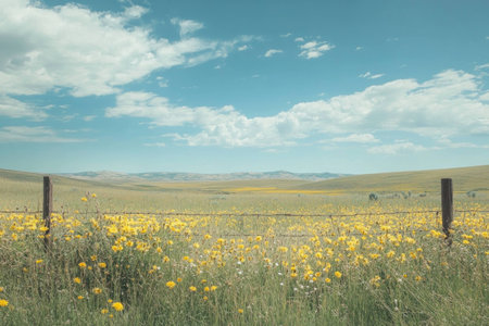 Scenic landscape with vibrant wildflowers in a sunny field, showcasing the beauty of nature and tranquility, ideal for spring and summer themesの素材
