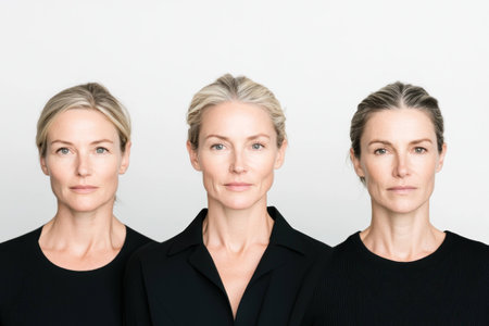 Three confident women with blonde hair wearing black clothing, showcasing a range of emotions, set against a minimalist white backgroundの素材