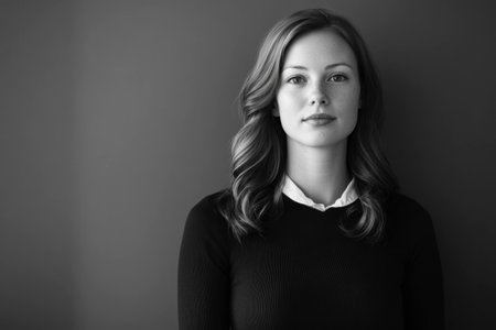 Elegant portrait of a confident woman in a black sweater against a neutral background, showcasing natural beauty and professionalism, ideal for business and lifestyle themesの素材