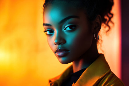 Captivating portrait of a young African American woman with glowing skin and a stylish yellow jacket, evoking a vibrant emotional connection amidst colorful lightingの素材