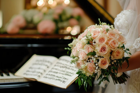 Elegant bride holding a bouquet of pink roses in front of a piano with sheet music, capturing a romantic and luxurious wedding atmosphereの素材