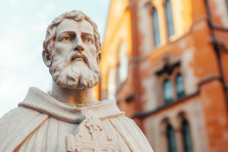 A detailed stone statue of a bearded historical figure with a cross, set against a backdrop of warm toned architecture, symbolizing history and cultureの素材