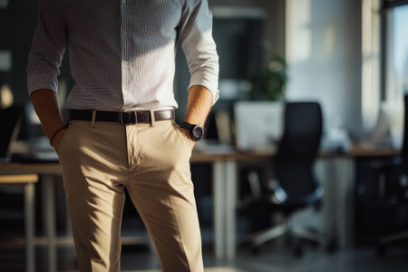 Businessman in a light shirt and tan trousers standing confidently in an office, exuding professionalism and readiness for the workdayの素材