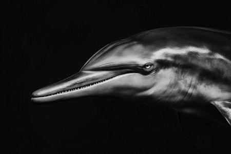 Artistic black and white portrait of a dolphin showcasing its graceful features, symbolizing marine life, intelligence, and beauty in natureの素材
