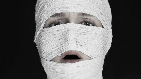 A woman with her face wrapped in white bandages, expressing fear and vulnerability, set against a dark backdrop in a striking black and white styleの素材