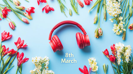 Red headphones surrounded by vibrant flowers on a pastel blue background for International Women s Day celebration, symbolizing joy, spring, and musicの素材
