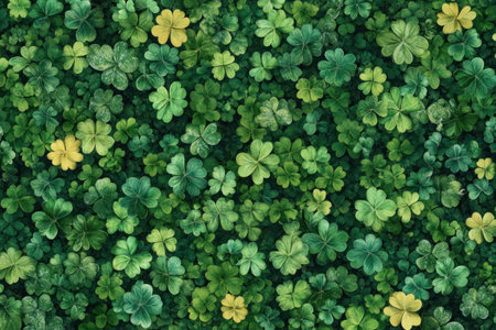 Lush green foliage of clovers and leaves, symbolizing luck and nature, perfect for seasonal designs and eco friendly conceptsの素材