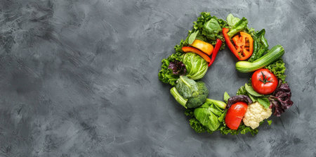 Fresh vegetable wreath made of colorful vegetables including lettuce, tomatoes, cucumbers, and bell peppers on a textured gray background, showcasing healthy eatingの素材