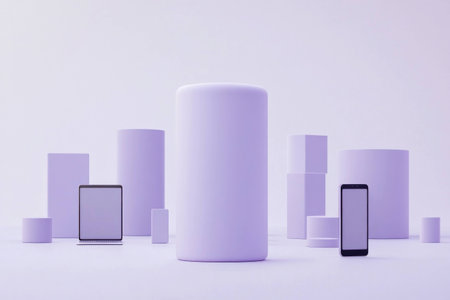 Minimalistic composition of geometric shapes in soft purple color with digital devices, perfect for tech or design themes, featuring modern aesthetics and a calm atmosphereの素材
