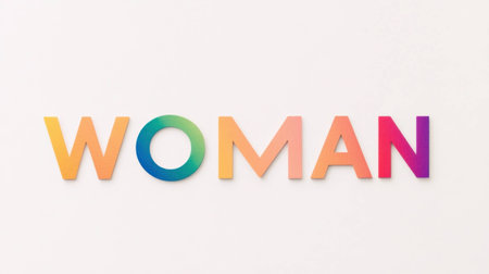 Colorful abstract representation of the word WOMAN highlighting femininity and empowerment with a vibrant gradient, ideal for celebrating women s issuesの素材