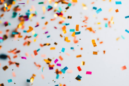 Colorful confetti falling against a light background, creating a festive atmosphere perfect for celebrations and eventsの素材