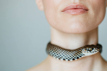 Close up of a serene woman with short hair, featuring a snake wrapped around her neck, highlighting emotions of calm and strength in a minimalist settingの素材
