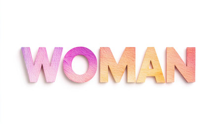 Colorful artistic representation of the word WOMAN in soft pastel hues, symbolizing femininity, strength, and elegance, highlighting empowerment and diversityの素材