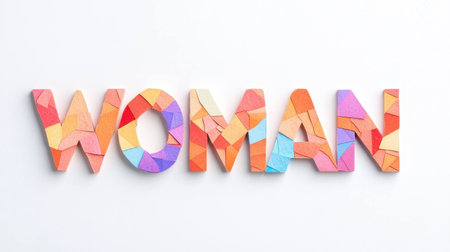 Colorful paper collage spelling WOMAN symbolizes female empowerment and creativity in a vibrant, artistic style perfect for representation of women, art, and diversityの素材