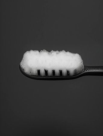 Black and white close up of a toothbrush with foam, emphasizing dental hygiene and oral care, perfect for health and wellness conceptsの素材