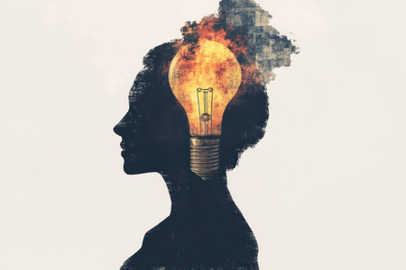 Abstract illustration of a creative woman with a lightbulb in her mind, symbolizing ideas and inspiration, showcasing a female silhouette with vibrant colorsの素材