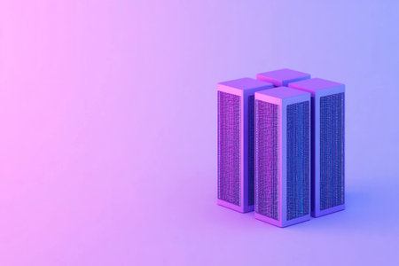 Abstract D illustration of modern architectural structures in vibrant purple gradients, symbolizing innovation and technology, suitable for digital design projectsの素材