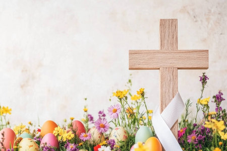 Easter celebration with wooden cross and colorful eggs surrounded by vibrant flowers, symbolizing renewal and hope in springtimeの素材