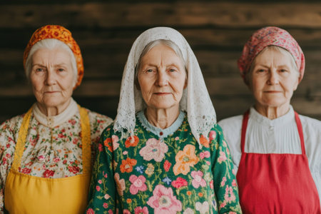 Three elderly women in traditional vibrant clothing, showcasing cultural heritage and wisdom against a rustic wooden backgroundの素材