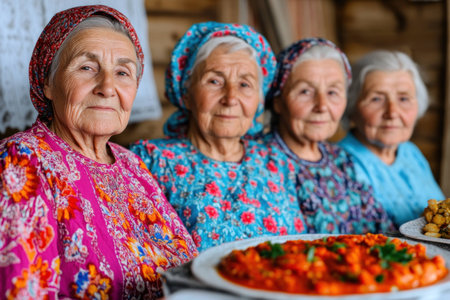 Four elderly women in traditional colorful attire enjoying a meal, showcasing cultural heritage and community in a rustic settingの素材