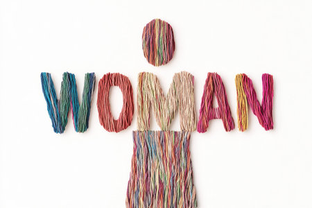 Colorful yarn letters spelling WOMAN illustrating the concept of femininity and creativity, perfect for art related projects and gender empowerment themesの素材