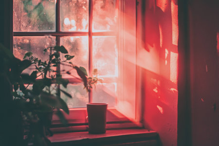 Warm sunlight streaming through a window with a potted plant, casting beautiful shadows, creating a cozy and serene atmosphereの素材