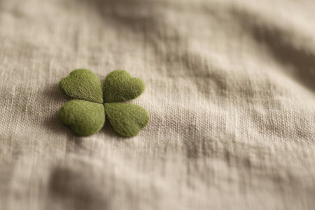 Close up of a soft green felt four leaf clover on a beige fabric background, symbolizing luck and positivity in a minimalist styleの素材