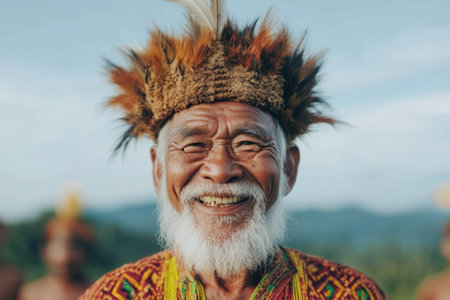 Smiling elderly man in traditional attire with colorful patterns and a feathered headdress, radiating joy against a natural landscape backgroundの素材