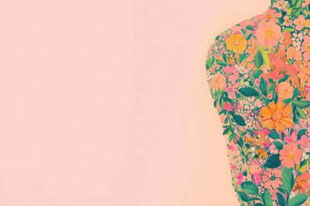A vibrant floral illustration featuring a woman s silhouette covered in colorful flowers against a soft pink background, symbolizing beauty and femininityの素材