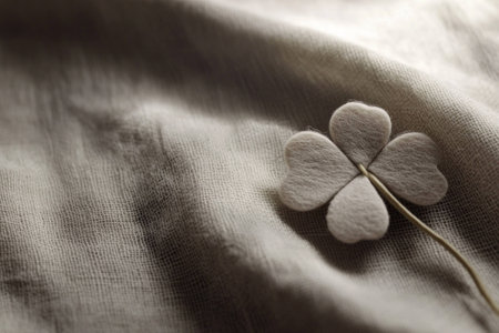 Soft, neutral toned image of a delicate four leaf clover against a textured fabric background capturing themes of luck and serenity in a minimalistic styleの素材