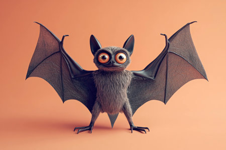 Cute cartoon bat with large eyes and fluffy fur, standing against a warm peach background, perfect for Halloween and children s illustrationsの素材