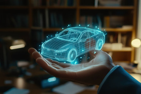 D holographic representation of a car held in a hand, showcasing technology and innovation in automotive design for futuristic marketingの素材