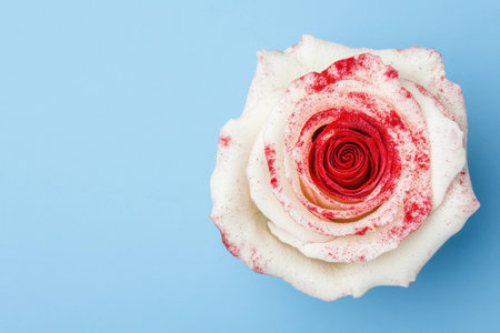 Elegant white rose with red tips on blue background, representing beauty, love, and nature Ideal for romantic or floral themed designs and projectsの素材